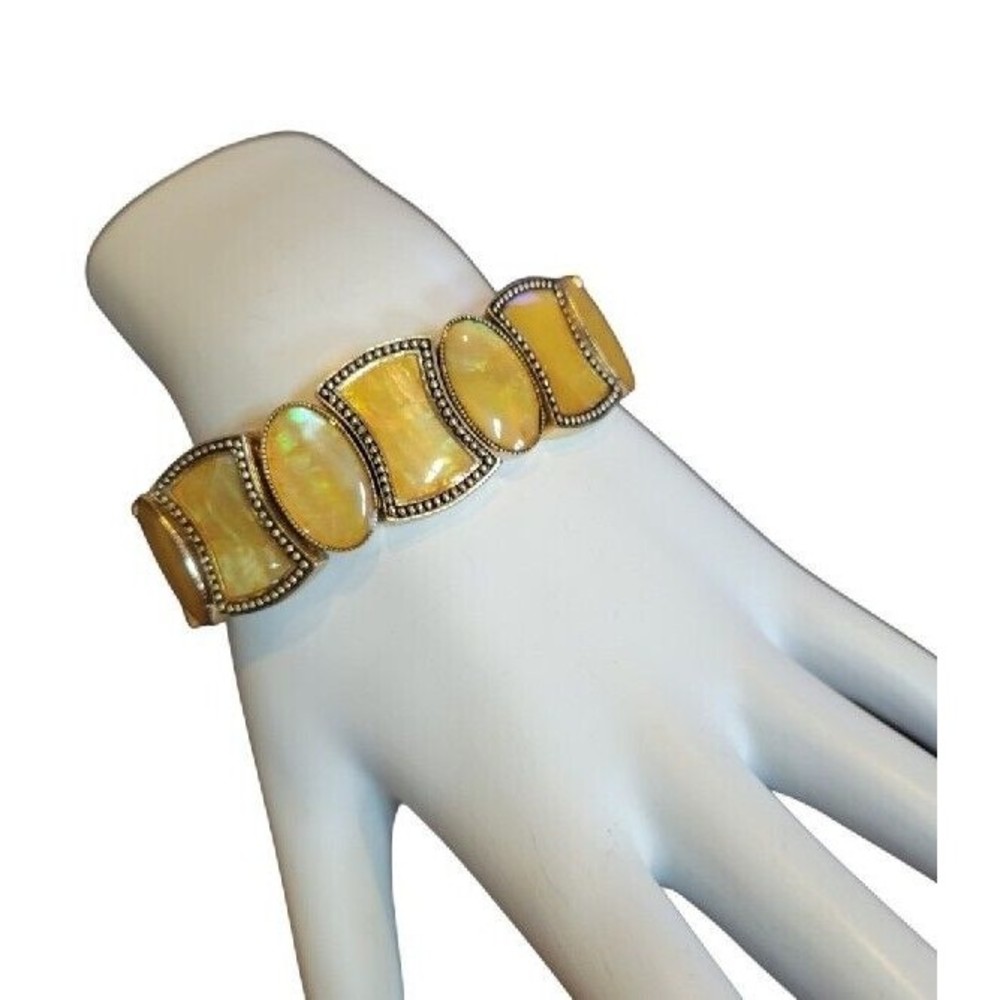 MONET Golden Iridescent Abalone Flexible Cuff Bracelet Gold Tone Signed Vintage